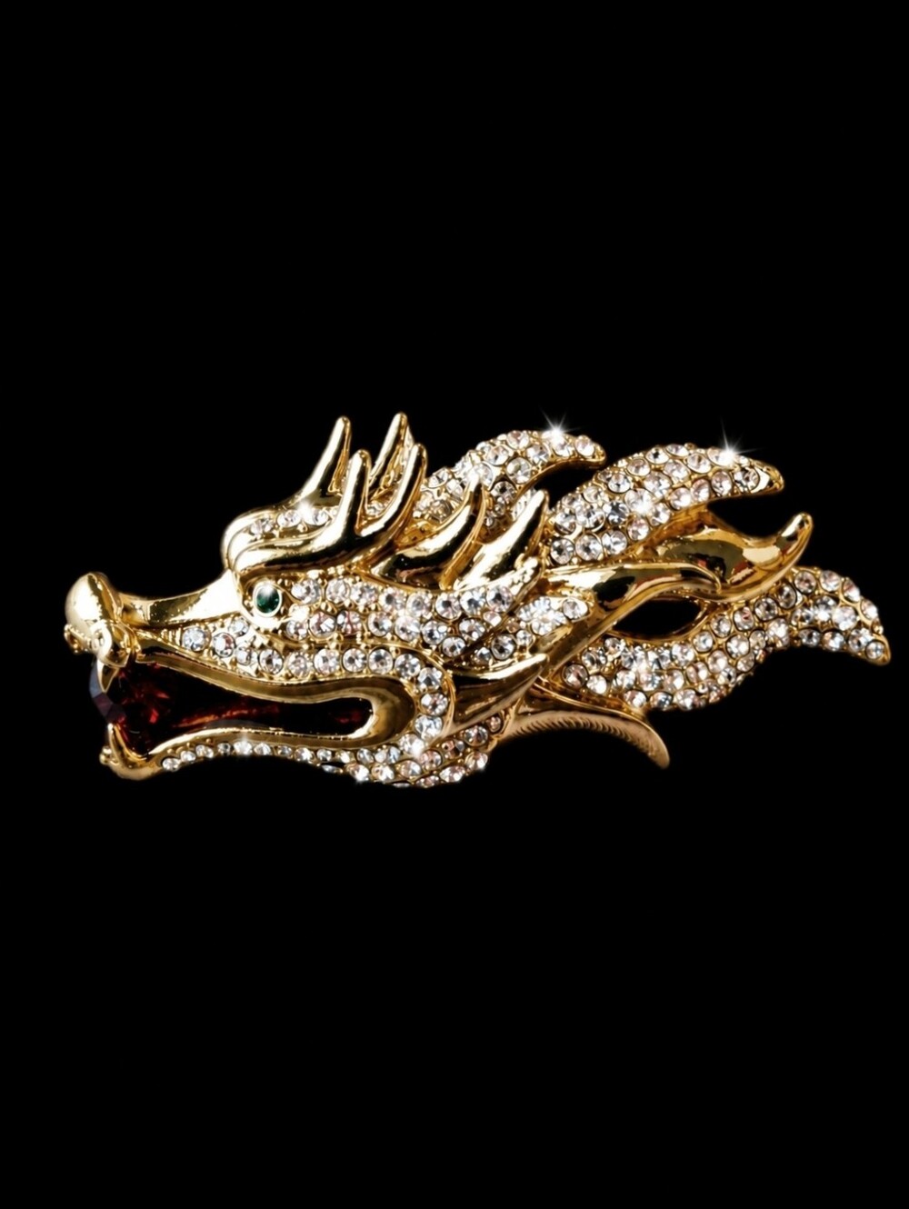 Asian DRAGON Rhinestone Encrusted Brooch Gold Wash Fierce Emerald Stone Eyes